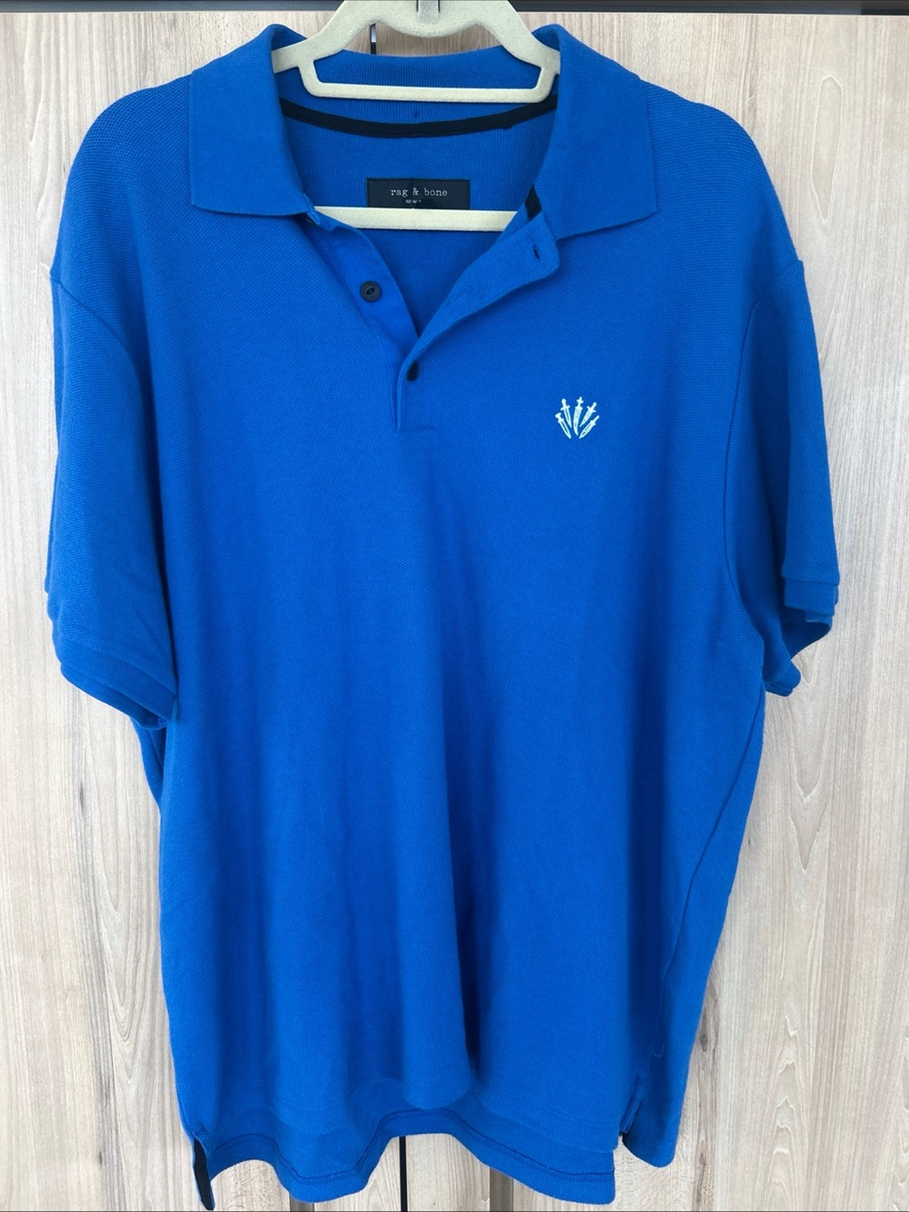 Rag & Bone Dagger Motif Pique Polo Shirt Mens XXL Blue Short Sleeve